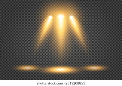 Glowing yellow transparent light effect on transparent background. Illuminated stage, floodlights. Studio lighting. Vector EPS 10.