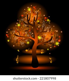 Glowing yellow tree with music notes 
