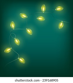 Glowing yellow twisted led Christmas lights garland on cyan background