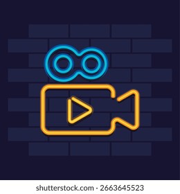 Video Esquema de la cámara de color amarillo brillante con doble carrete azul y símbolo de juego en la pared de ladrillo. Ilustración vectorial.