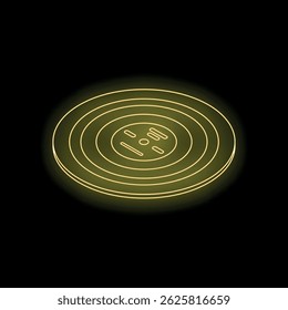 Glowing yellow vinyl record on dark background representing music, audio and sound recording