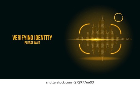 Una interfaz de reconocimiento de voz amarilla brillante que muestra VERIFICACIÓN DE IDENTIDAD ESPERE . Cuenta con una onda de sonido digital pulsante compuesta de partículas de código binario y un elemento de carga circular sobre un fondo oscuro para conceptos de captura de seguridad.