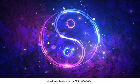Glowing Yin Yang Sign on Floral Pattern Background