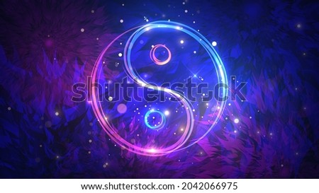 Glowing Yin Yang Sign on Floral Pattern Background