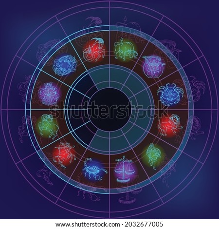 Glowing zodiac circle. Neon horoscope outline signs. The designation of the elements. Vector illustration