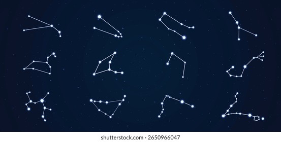 Glowing Zodiac Constellations Set on Starry Night Sky Background