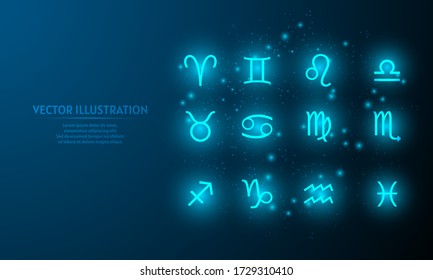 Glowing zodiac icon on blue abstract background. low poly zodiac icon backgraound. lines and triangles on blue background. 