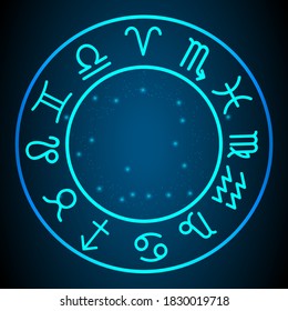 glowing zodiac sign on dark blue background of the space with shining stars. zodiac glowing backgraound