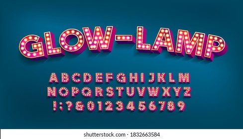 Glow-Lamp alphabet font. 3D letters and numbers with light bulbs and shadows. Vector typescript for your design.