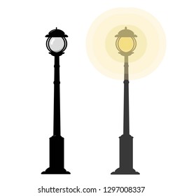 Glows lamppost. Lanterns shine. Street lights. Lamp post. Vintage design.