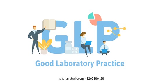 BPL, buenas prácticas de laboratorio. Concepto con palabras clave, letras e iconos. Ilustración vectorial plana coloreada. Aislado sobre fondo blanco.