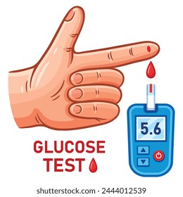Glucometer, blood glucose test meter, sugar level medical measuring from finger hand, diabetes monitoring analysis electronic device. Insulin control, diabetic diagnosis equipment. Health care. Vector