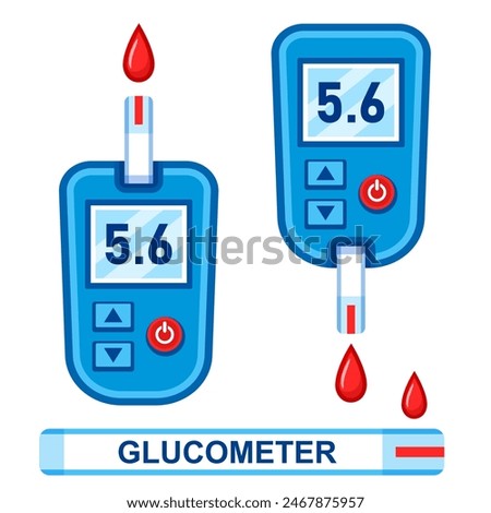 Glucometer, blood glucose test meter device, diabetic insulin control. Sugar level medical measuring from finger hand. Diabetes disease diagnosis. Electronic medicine equipment. Health care. Vector 