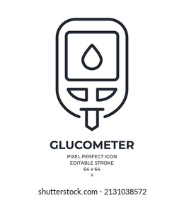 Glucometer Or Blood Sugar Monitoring System Editable Stroke Outline Icon Isolated On White Background Flat Vector Illustration. Pixel Perfect. 64 X 64.