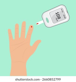 Glucometer to check blood sugar levels. Human finger, drop of blood, blood, examination, diabetes, sugar level, glucometer, vector, medicine, healthcare