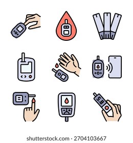 Glucometer Device color icons set. Performing blood glucose tests using glucometers. Glucose Test, Diabetic Consultation, Health Support.