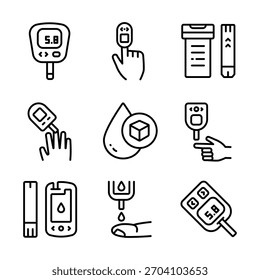 Glucometer Device outline icons set. Performing blood glucose tests using glucometers. Glucose Test, Diabetic Consultation, Health Support.