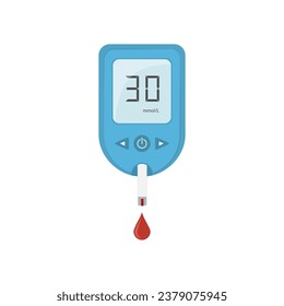 Glucómetro y gota de sangre. Concepto de diabetes.