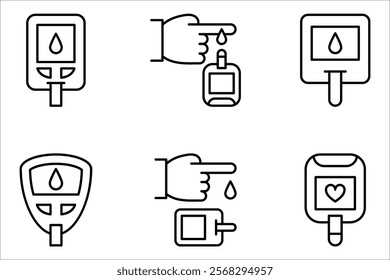 Glucometer icon set,  blood sugar monitoring system editable stroke, vector illustration on white background