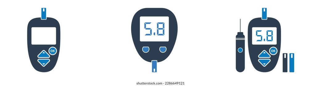 Glukometer-Symbolsatz. Sammlung von Diabetischen Meter-, Lancet Pen- und Strip-Symbolen. Bearbeitbare Flach-Vektorgrafik.