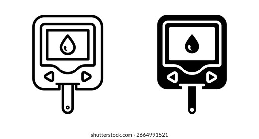 Glucometer icon set. Minimalist illustration of a glucometer device in line art style, with a blood drop symbol on the screen. Representing diabetes testing and blood sugar level monitoring.