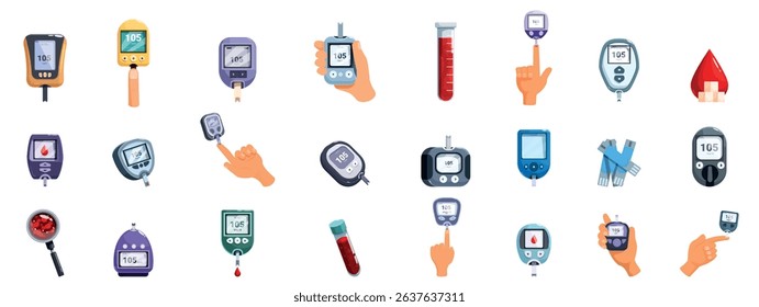 Glucometer icons set. Set of icons representing blood glucose testing process, using glucometer device and test strips, for diabetes management and healthcare