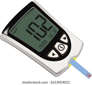 Glucometer showing blood glucose level of 102 mgdl and current date and time