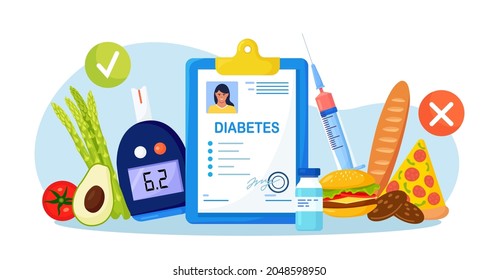Glucometer for sugar level blood test with diet and unhealthy food. Medical report or diagnosis card. Diabetic nutrition for people with diabetes, hypoglycemia, hyperglycemia. Vector illustration