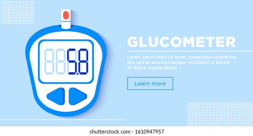 Glucometer web banner, flyer, post. Checking blood sugar level at home and test stripe. Diabetes concept with glucose monitor.  Control and diagnostics Insulin problem awareness. Flat vector