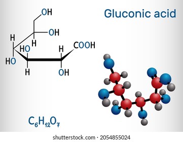 Gluconic acid, C6H12O7 molecule. It is PHA, polyhydroxy acid. The salt are known as gluconate. Structural chemical formula, molecule model. Vector illustration