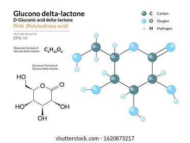 Gluconic acid delta-lactone. PHA Polyhydroxy acid. Structural chemical formula and molecule 3d model. Atoms with color coding. Vector illustration