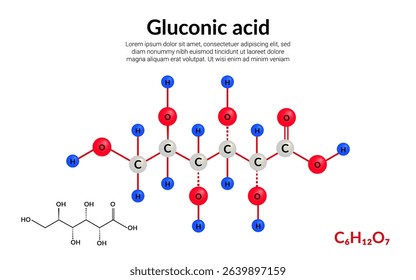 Gluconic acid, organic compound, molecular structure formula, ball-and-stick model, suitable for education or chemistry science content. Vector illustration