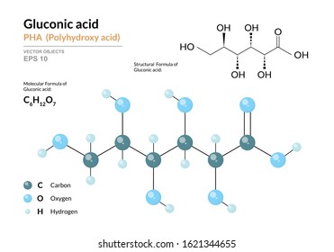 Gluconic acid. PHA Polyhydroxy acid. Structural chemical formula and molecule 3d model. Atoms with color coding. Vector illustration
