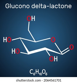 Glucono-delta-lactone, gluconolactone, GDL molecule. It is PHA, polyhydroxy acid, naturally-occurring food additive E575. Structural chemical formula on the dark blue background. Vector illustration