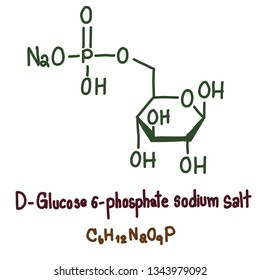Glucose 6-phosphate sodium salt is a glucose sugar phosphorylated at the hydroxy group on carbon 6. This dianion is very common in cells as the majority of glucose. Vector illustration 