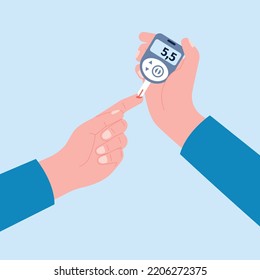 Glucose blood test doing hands with glucometer. Check sugar on diabetes, concept. Testing insulin in bloods, monitoring hyperglycemia recent vector scene