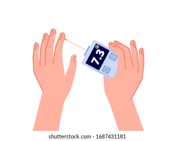 Glucose blood test. Glucometer display, sugar level measuring. Diabetic testing or health patient monitoring. Medicine device vector concept