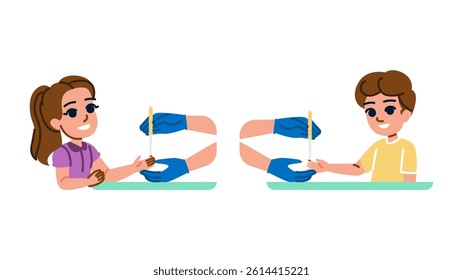 glucose blood test kid  vector.  cholesterol anemia, cbc rbc, platelets iron glucose blood test kid character. people flat cartoon illustration