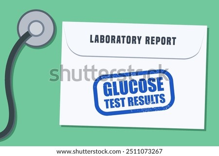 Glucose blood test results envelope. Medical laboratory report - vector illustration.