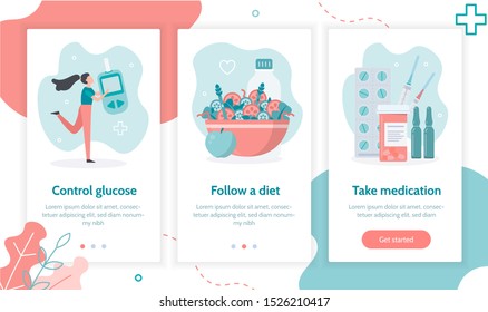 Glucose control, diet and medication. Onboarding screens template for mobile applications and websites. Medicine diabetes concept. Flat vector illustration.