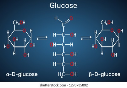 Glucose (dextrose, D-glucose) molecule. Сyclic and acyclic forms. Structural chemical formula on the dark blue background. Vector illustration 