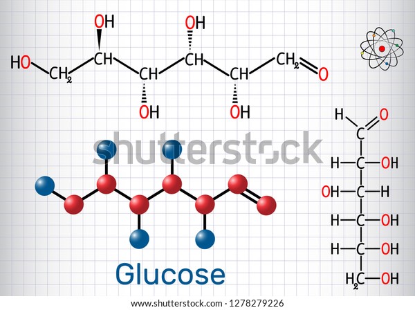 Glucose (dextrose, D-glucose) molecule.\
Linear form. Sheet of paper in a cage. Structural chemical formula\
and molecule model. Vector illustration\
