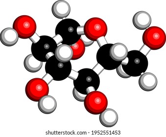 Glucose (dextrose, grape sugar) molecule (beta-D-glucopyranose form). 3D rendering. Atoms are represented as spheres with conventional color coding: hydrogen (white), carbon (black), oxygen (red).