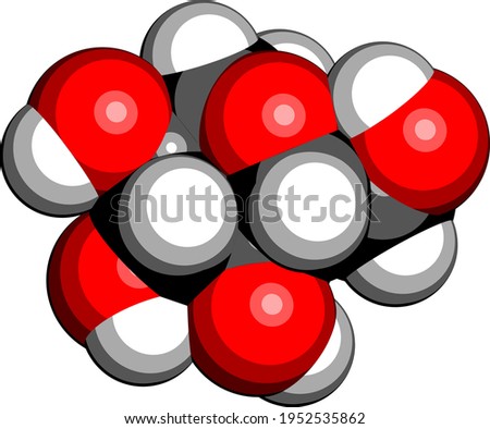 Glucose (dextrose, grape sugar) molecule (beta-D-glucopyranose form). 3D rendering. Atoms are represented as spheres with conventional color coding: hydrogen (white), carbon (black), oxygen (red).