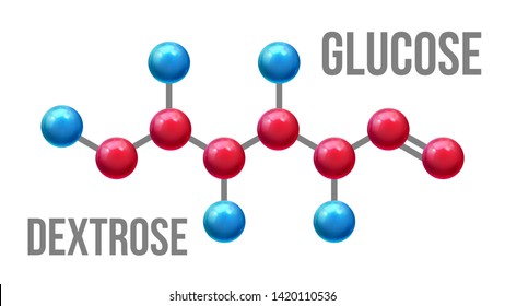 Glucose Dextrose Structure Molecular Model Vector. Color Glossy Blue And Red Atom Spheres Compound Element Of Glucose Mockup. Formula Of Chemistry Science Realistic 3d Illustration