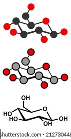 Glucose (D-glucose, dextrose) grape sugar molecule. Stylized 2D renderings and conventional skeletal formula.