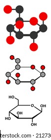 Glucose (D-glucose, dextrose) grape sugar molecule. Stylized 2D renderings and conventional skeletal formula.