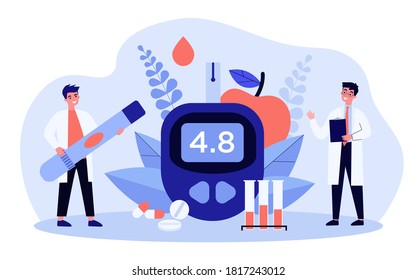 Glucose level and diabetes concept. Doctors with glucometer and lab tubes checking blood for sugar. Vector illustration for health, medical test, hypoglycemia topics