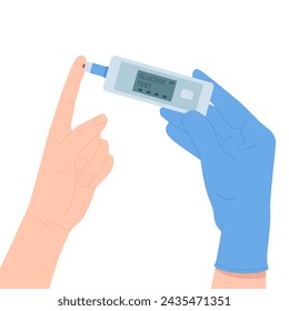 Glucose level, diabetic sugar test control. Hand in blue protective glove holding glucometer to check hypoglycemia or hyperglycemia in blood of patient by finger stick cartoon vector illustration