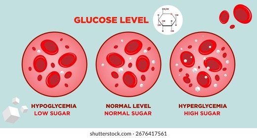 Ilustración vectorial de los niveles de glucosa: hipoglucemia, normal e hiperglucemia, con gráficos representativos de las células sanguíneas y la estructura de la molécula de azúcar.  
